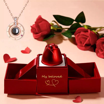 Valentine's Day Metal Rose Jewelry Gift Box Necklace with adjustable crystal necklace and maroon gift box
