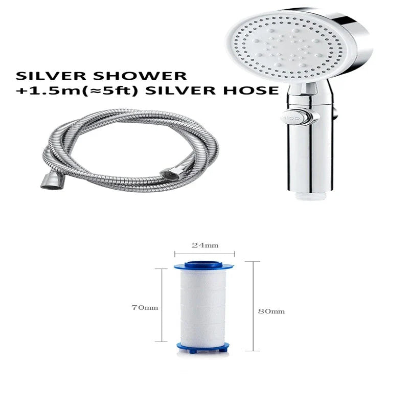 Premium 5-speed pressurized shower head with large water output, ABS construction, and modern minimalist design