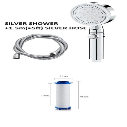 Premium 5-speed pressurized shower head with large water output, ABS construction, and modern minimalist design