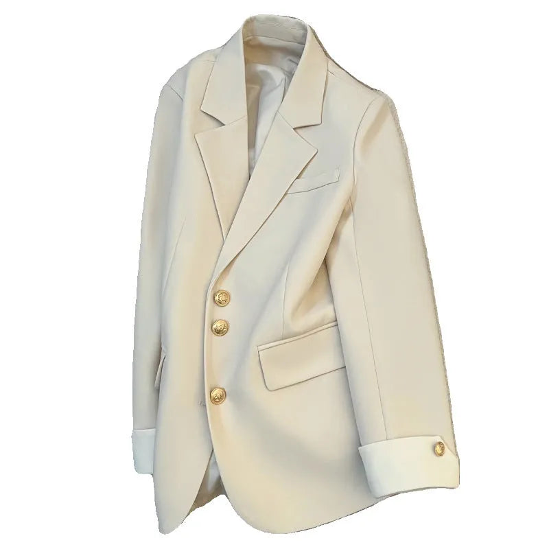 Women's Korean-style coat with 65cm length, loose fit, regular long sleeves and pockets in milky white