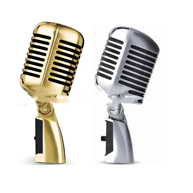 Classic retro dynamic microphone in silver finish with all-metal construction.