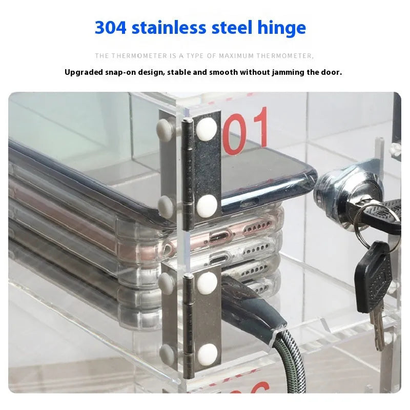 Transparent acrylic mobile phone storage cabinet with charging holes in modern simple style for office organisation