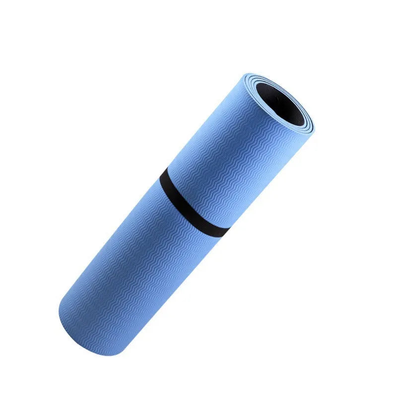 Blue conductive yoga mat with plant pattern, grounding wire, and non-slip surface, rolled partially.