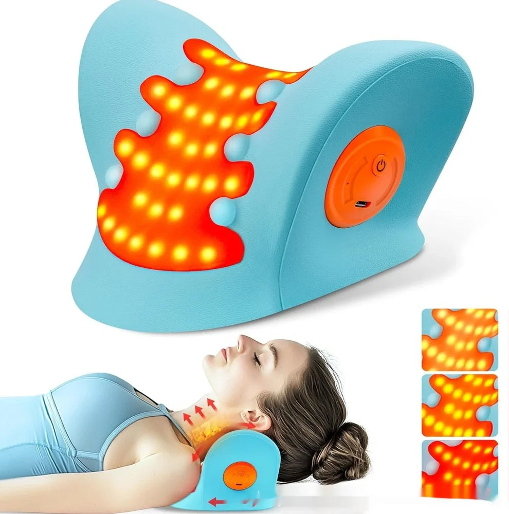 Blue cervical traction device with infrared therapy lights and USB connection