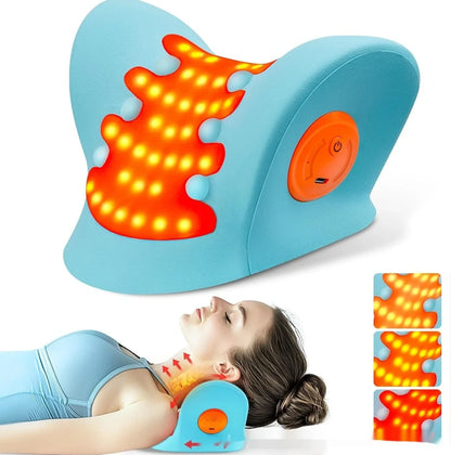 Blue cervical traction device with infrared therapy lights and USB connection