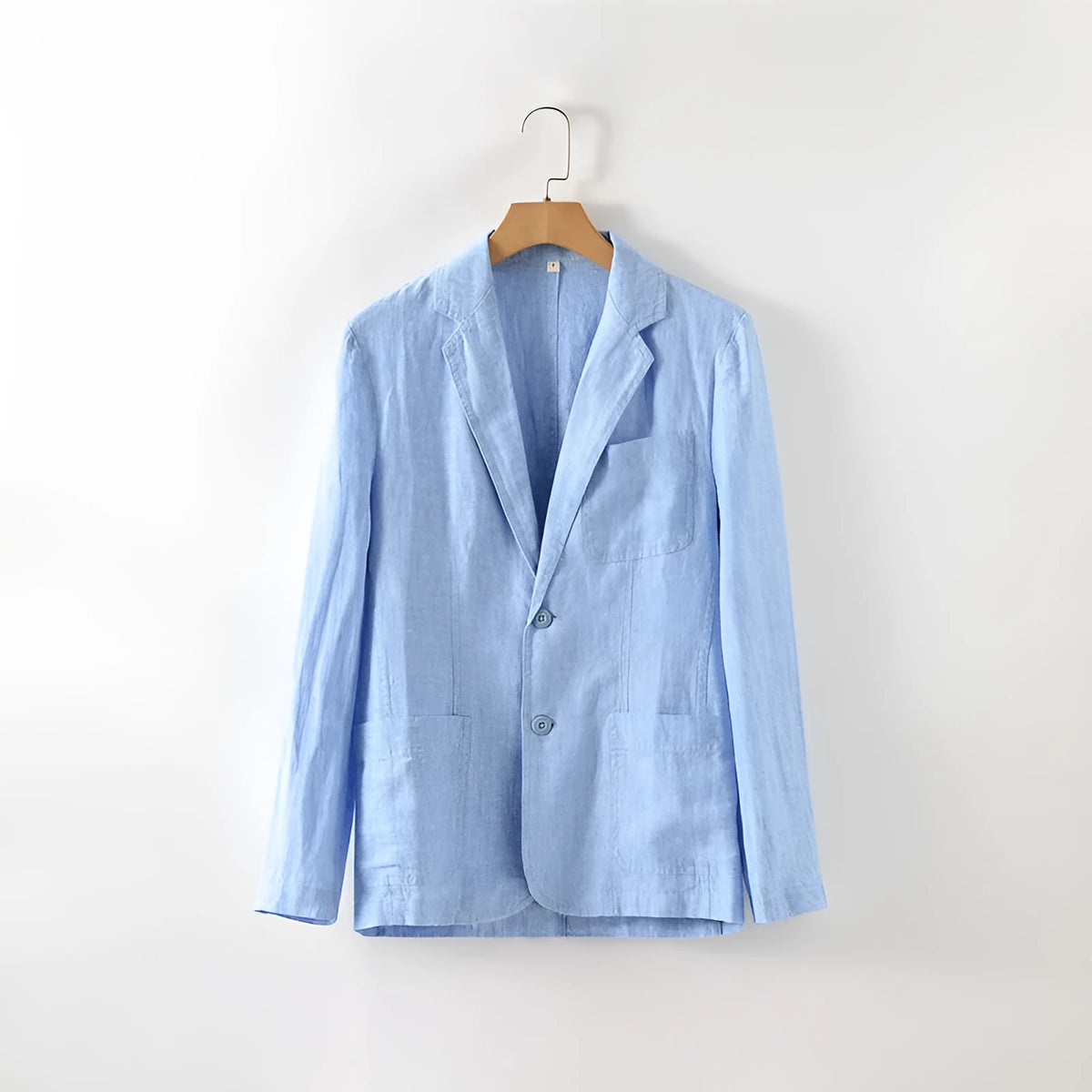 Men's lightweight linen blazer coat in solid colour on hanger showing simple design and size stick pocket