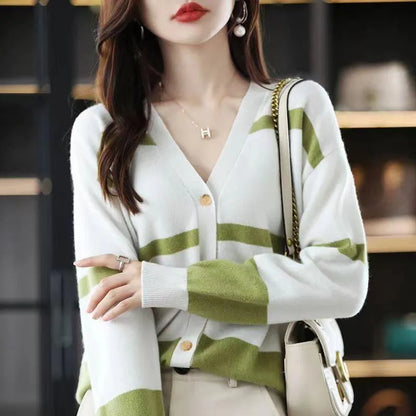 Women's black and white striped V-neck button cardigan with a 3D pattern and slim fit.