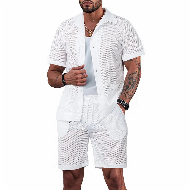 Beach shorts suit with matching short sleeve cardigan, see-through design in lightweight chemical fibre combination, available in lake blue, sapphire blue, white, black and light grey, summer sports leisure outfit in sizes S to XXXL.