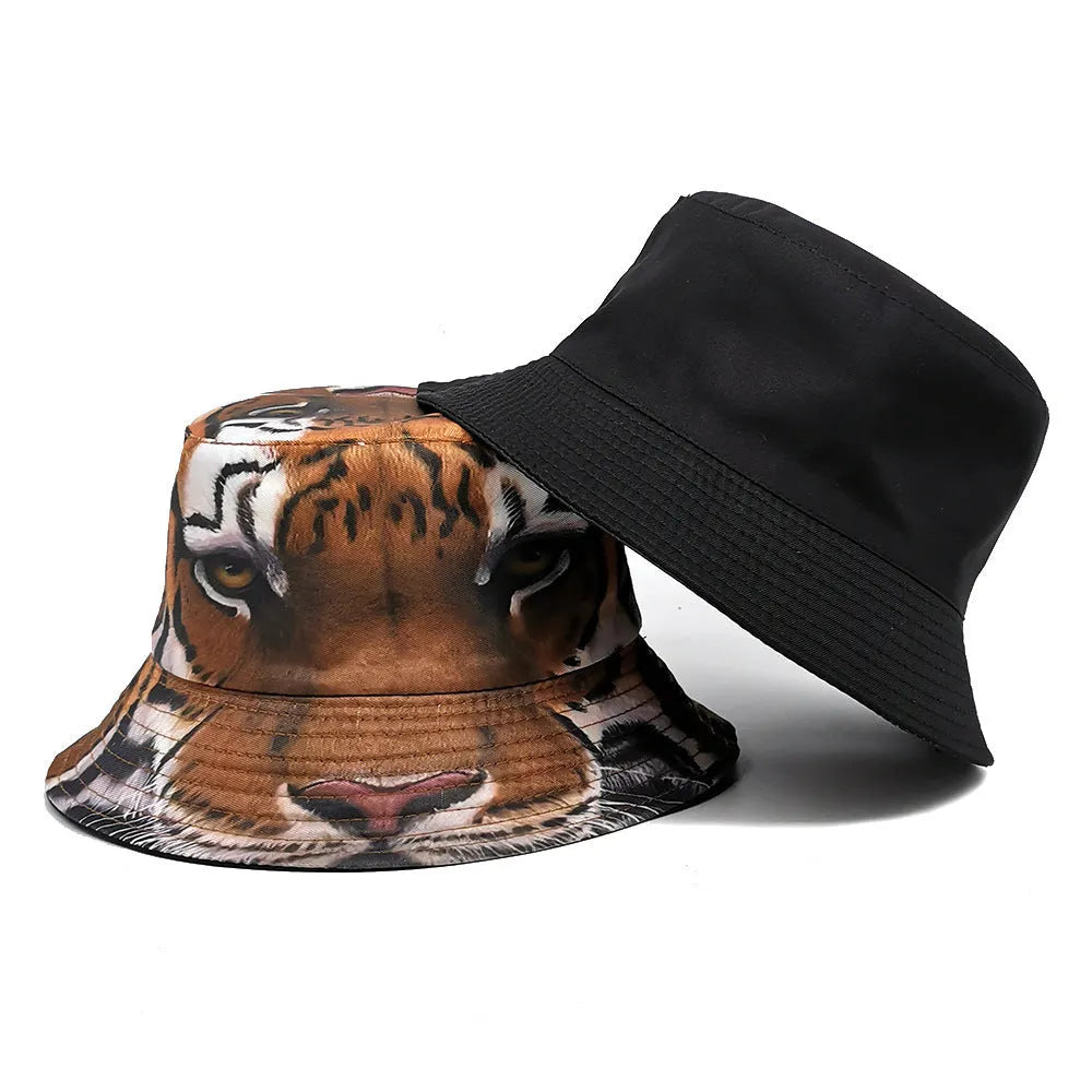 Tiger pattern bucket hat in polyester fabric with dome crown, khaki and black camouflage options