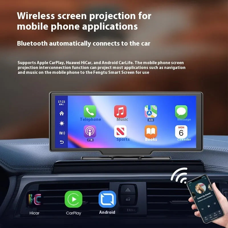 10-inch car smart screen with touchscreen, showing CarPlay interface and rear camera view for parking