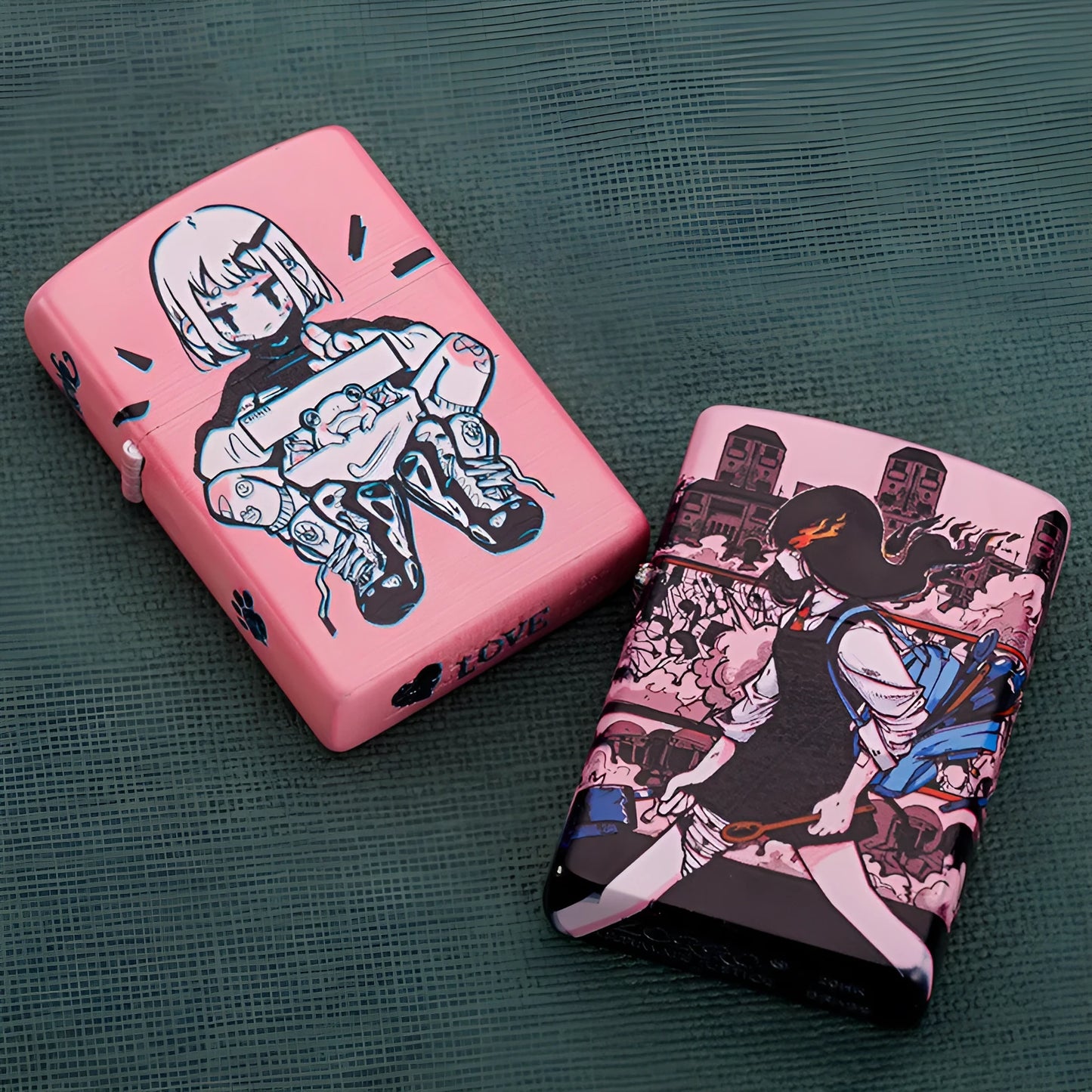 Windproof kerosene lighter with grinding wheel, pure copper case, shown with artistic design options.