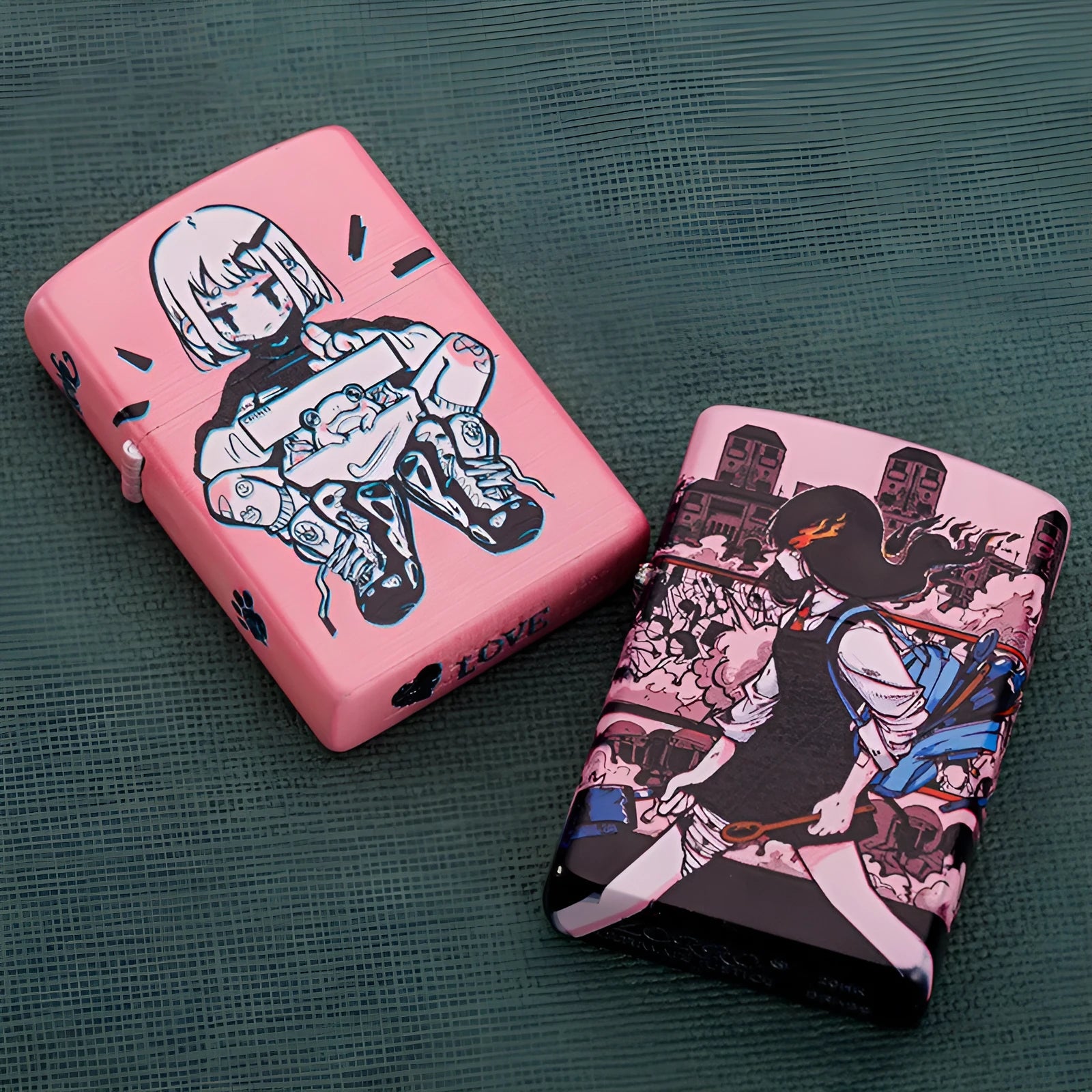 Windproof kerosene lighter with grinding wheel, pure copper case, shown with artistic design options.