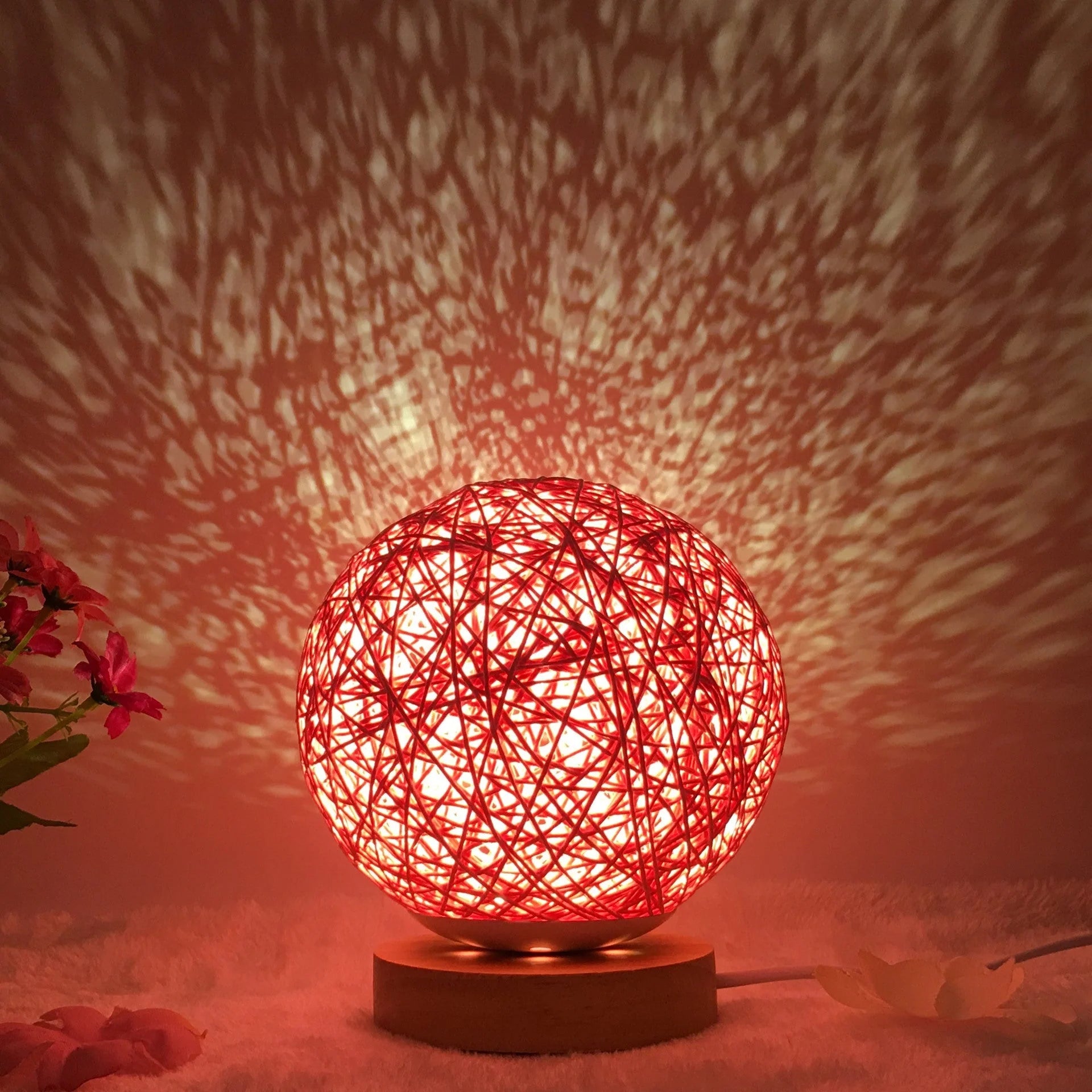 LED rattan table lamp with hand-knit linen shade in various colours