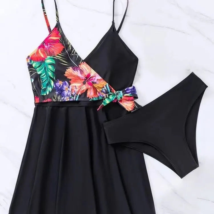 Black women's high waist briefs printed split leg bikini set for swimming and sports.