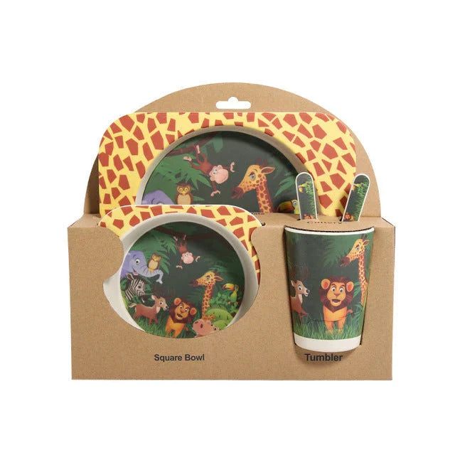 Stylish bamboo fibre children's tableware set with playful animal designs