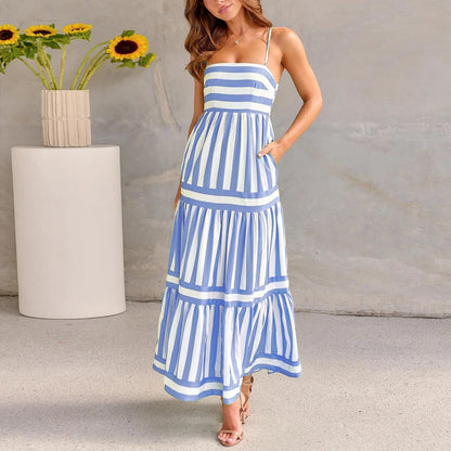 Stylish striped backless beach dress with pockets for women's summer vacation and beach wear