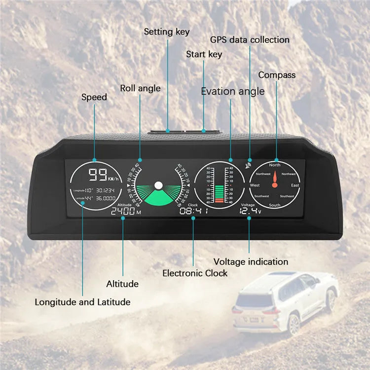 GPS GO 2 universal car head-up display with carbon fibre body showing speed, angle, and compass data on a colour LCD screen.