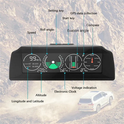 GPS GO 2 universal car head-up display with carbon fibre body showing speed, angle, and compass data on a colour LCD screen.