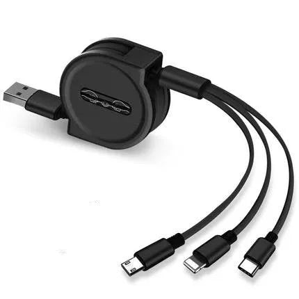 Black telescopic 3-in-1 charging cable with titanium alloy connectors extended on a white background.