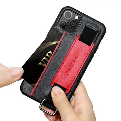 Brown imitation leather iPhone wallet case with wrist strap showing stripe detailing and stitching