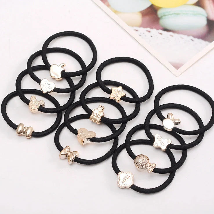Korean rubber band hair accessories with gold bead plating, 50-piece pack with cartoon packaging