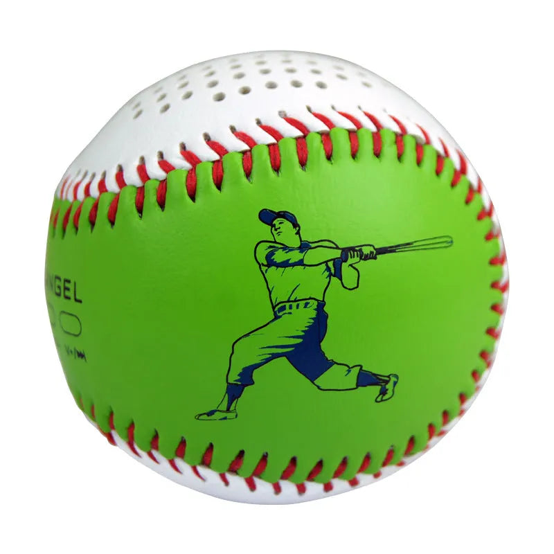 A green Bluetooth speaker shaped like a baseball with a USB port.