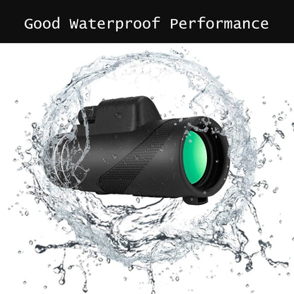 Black HD 40x60 monocular telescope with smartphone attached, showing 40x magnification and compact design.