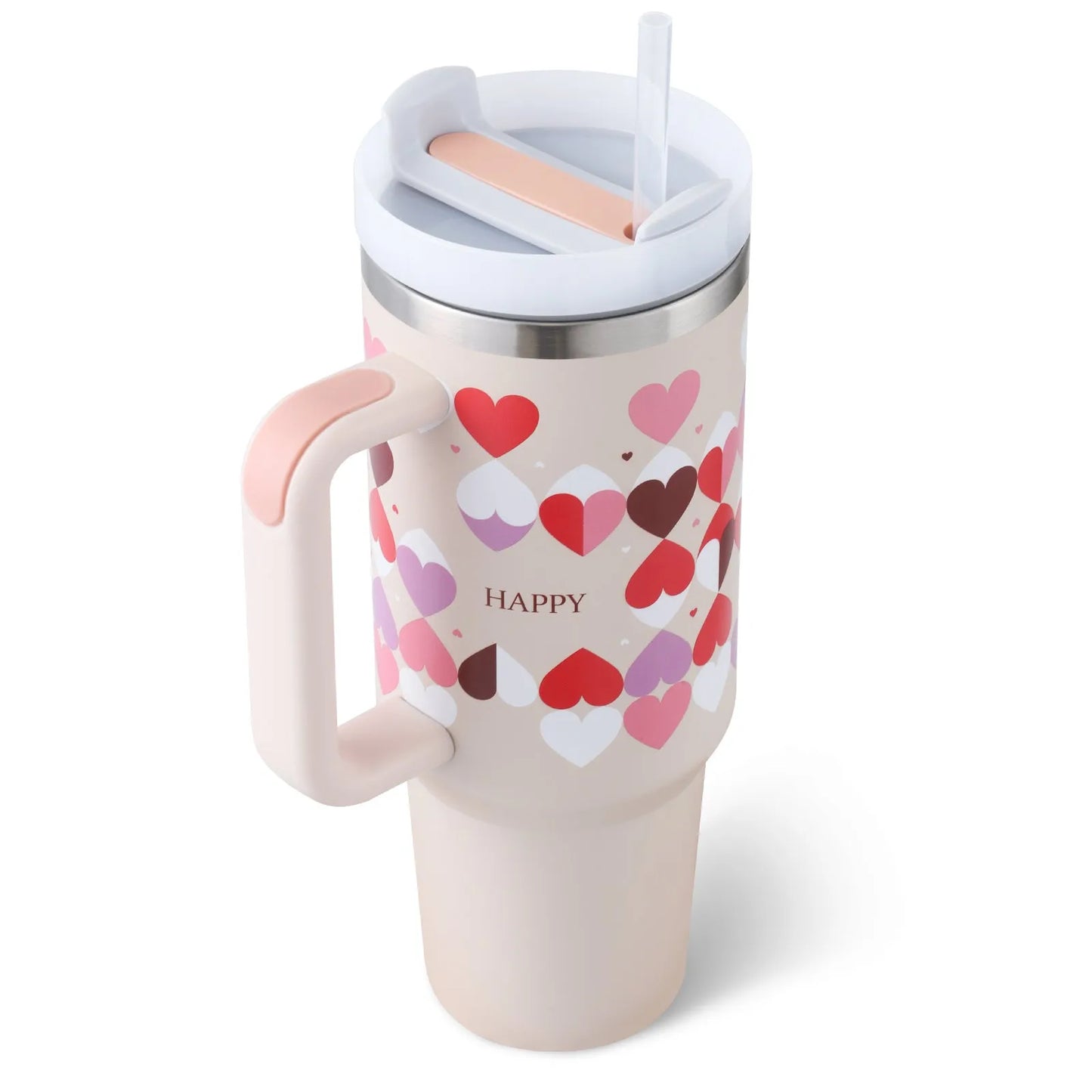 40oz stainless steel tumbler with handle and straw in various colour options showing tapered shape and spill-proof lid