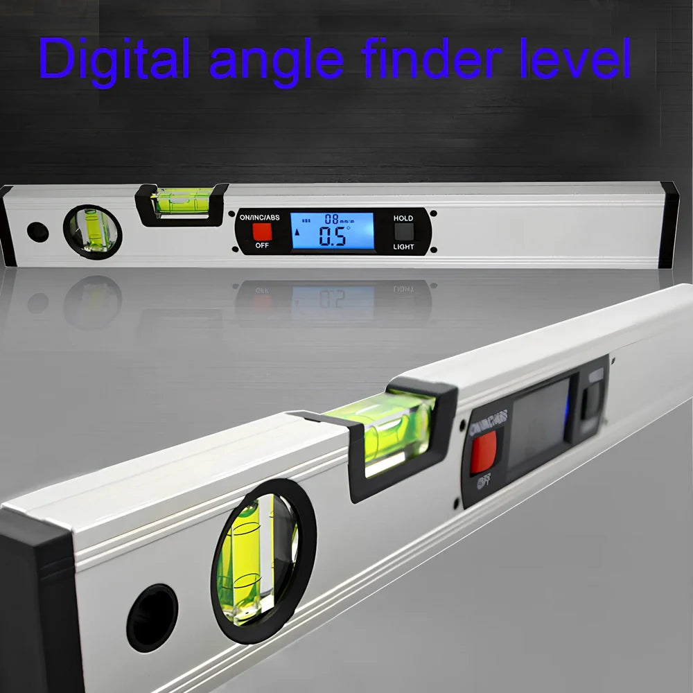 Digital magnetic angle meter with 400mm ruler length showing flip-up LCD display and four built-in magnets on base