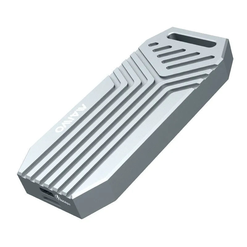 Silver aluminium Thunderbolt 4 external case for M.2 NVMe SSD with cooling fan vent
