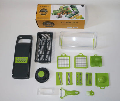 Grey stainless steel manual vegetable cutter with set of eight blades and egg separator attachment