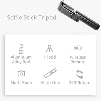 Black extendable iPhone tripod selfie stick with legs unfolded, shown at mid-height on a table.