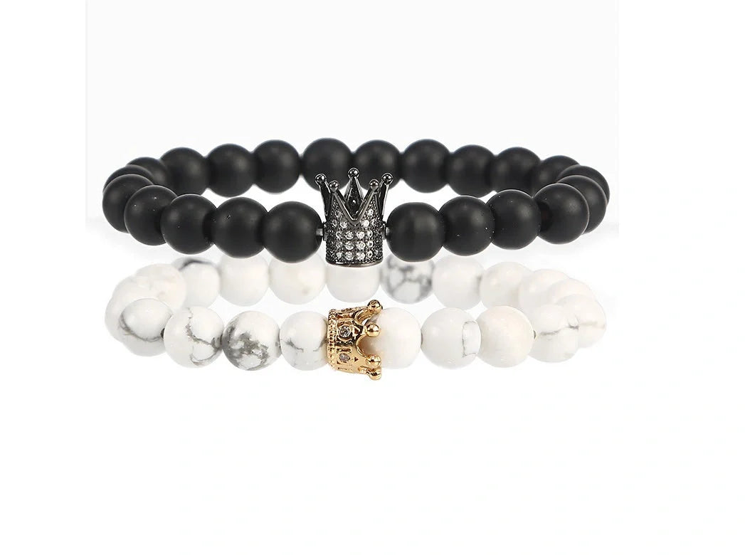 Micro inlaid zircon crown bracelet with volcanic stone and white turquoise, handmade jewellery piece
