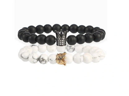 Micro inlaid zircon crown bracelet with volcanic stone and white turquoise, handmade jewellery piece