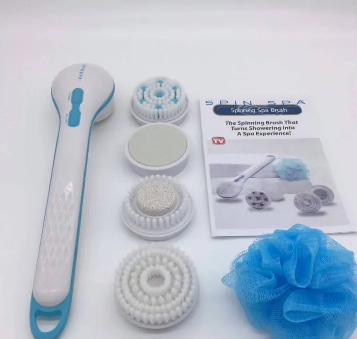 Electric spin spa bath brush with rotating head, shown in its colour presentation box.