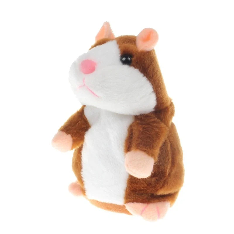 15cm talking hamster plush toy with repeat function in light brown, dark brown, and grey