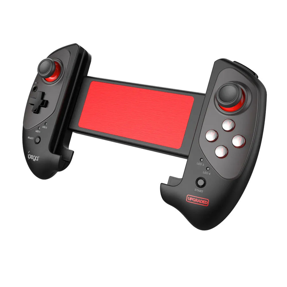 Red telescopic Bluetooth gamepad extended with smartphone mounted between controls