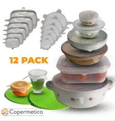 Set of six flexible silicone pot lids in assorted sizes on a kitchen counter.