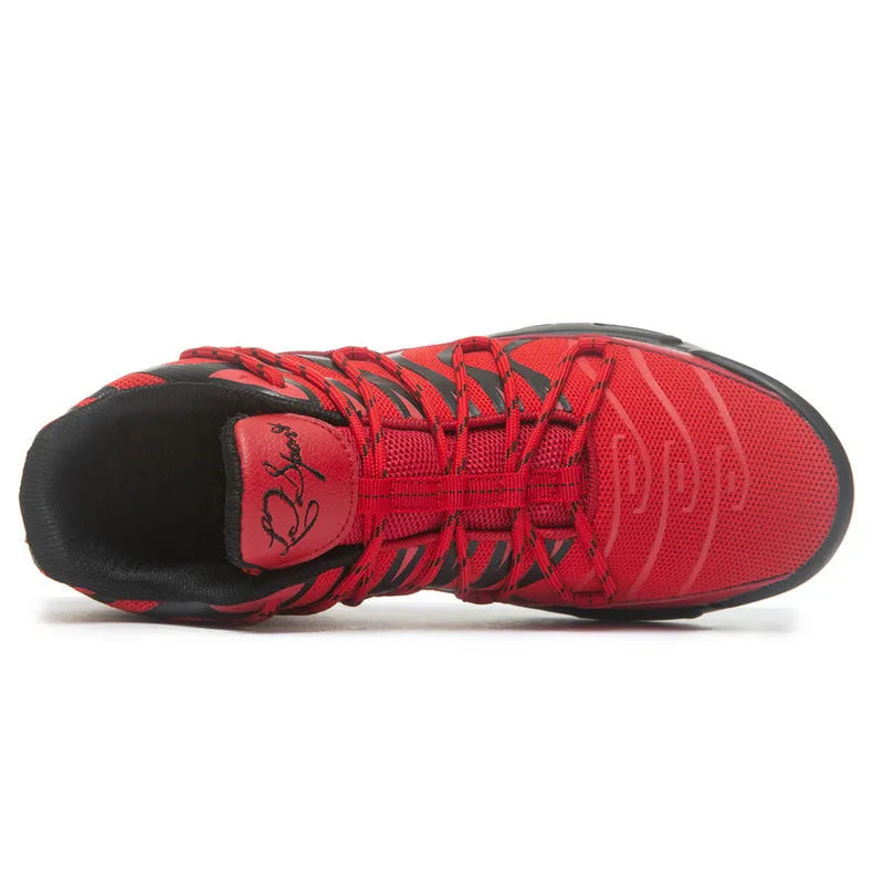 Men's breathable mesh sports shoes with rubber sole, air cushion, front lace-up, available in black, blue, red, and white