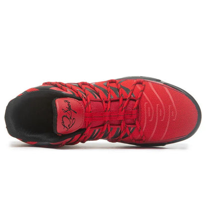 Men's breathable mesh sports shoes with rubber sole, air cushion, front lace-up, available in black, blue, red, and white