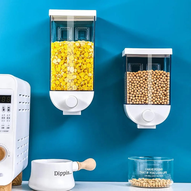 Kitchen food storage container with easy press dispenser and wall mount: holds 1000ml or 1500ml of cereals, grains, or snacks, saving space in your fridge or on your worktop.