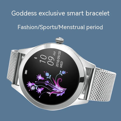 Women's sports smartwatch showing heart rate monitoring and available in black, rose gold, silver, or white colours.