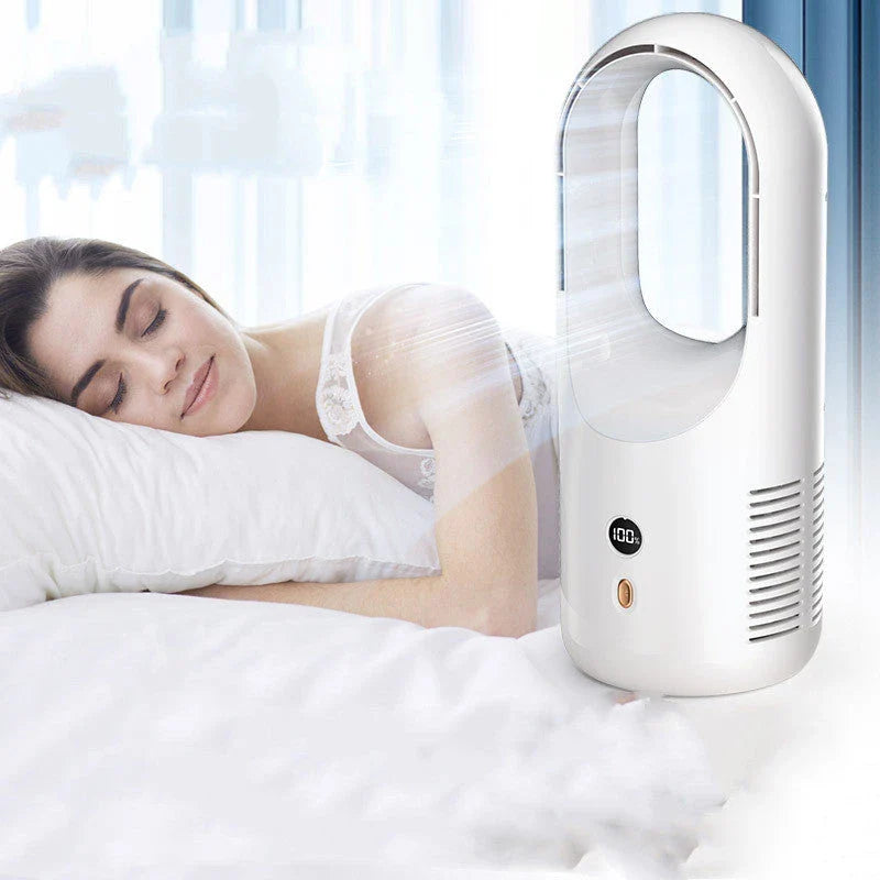 Ultra-quiet bladeless fan with adjustable settings, 360-degree air circulation, and rechargeable battery for desk or home use