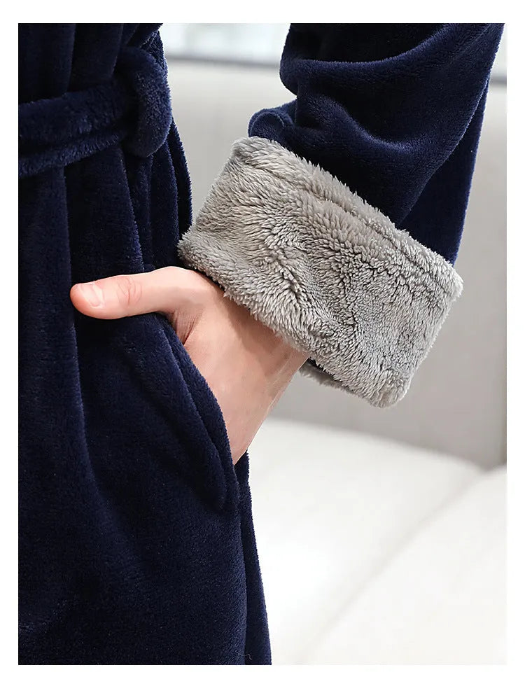 Men's winter long bathrobe in coral fleece, sleeveless no-collar, light grey navy blue brown, sizes M L XL.
