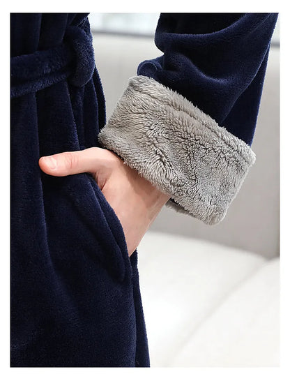 Men's winter long bathrobe in coral fleece, sleeveless no-collar, light grey navy blue brown, sizes M L XL.