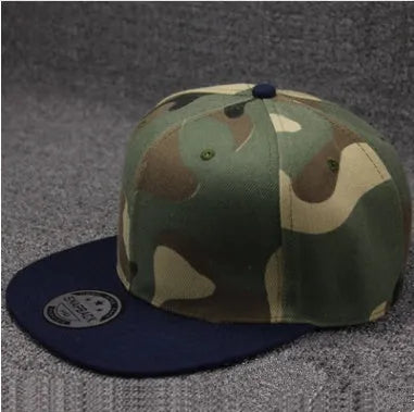 Camo snapback cap with flat brim, cotton polyester, adjustable closure, shown in black, blue, camouflage, and navy blue.