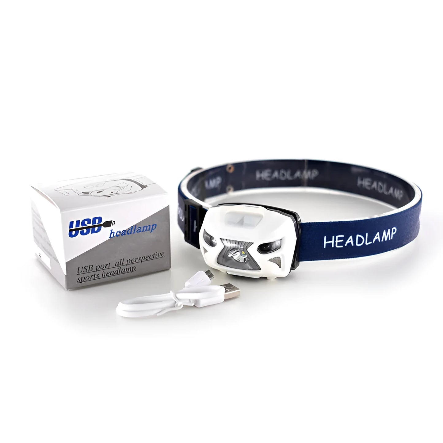 Black waterproof LED head-mounted sensor headlight with adjustable webbing headband