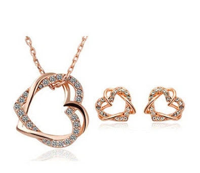 Double Diamond Heart Necklace and Earring Set in gold and silver finishes