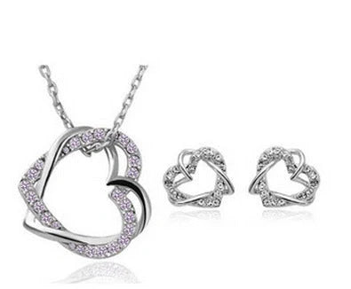 Double Diamond Heart Necklace and Earring Set in gold and silver finishes
