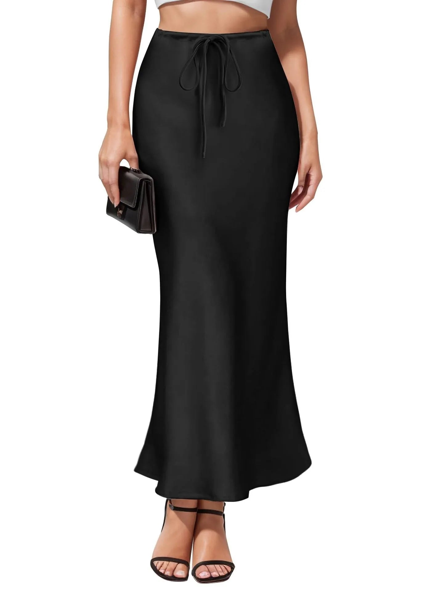 Asymmetric high waist acetate skirt with irregular stitching in multiple colour options.